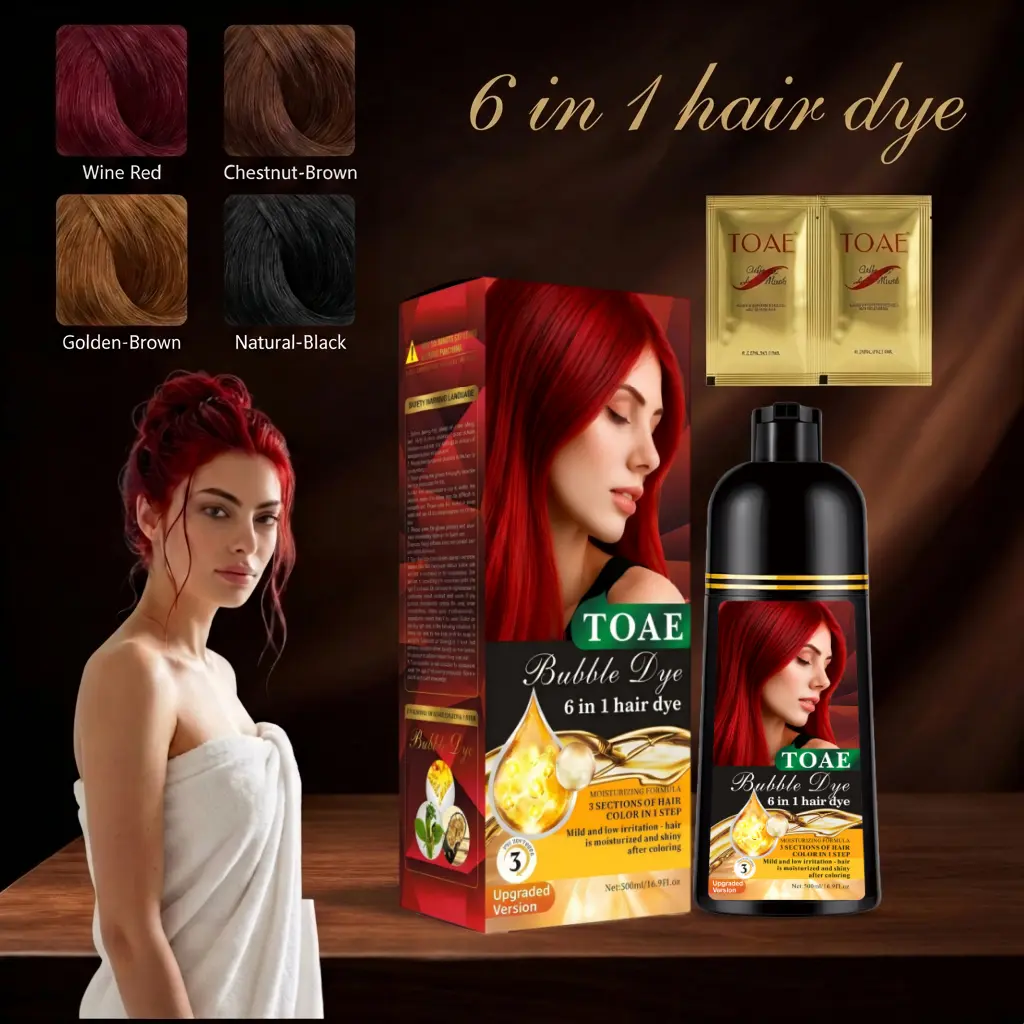 TOAE Hair Dye Shampoo instant(500ml) - 6 in 1 Multifunctional Hair Color Shampoo, Four Colors (Wine Red / Natural Black / Golden Brown / Chestnut Brown) - Ammonia-Free & Safe Ingredients - Quickly Covers Gray Hair at the Roots