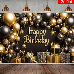 Happy Birthday Party Banner Decoration, Happy Birthday Decorations, Gold Silver Crown Balloon Gift Box Star Pattern Photography Backdrop, Polyester Material, Wall Decor