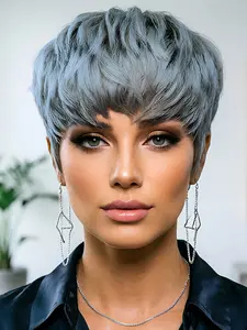 Grey Human Hair Glueless Wigs, Short Pixie Cut Machine Made Wig with Bangs, Natural Looking Colored Wig, Trendy Daily Wigs