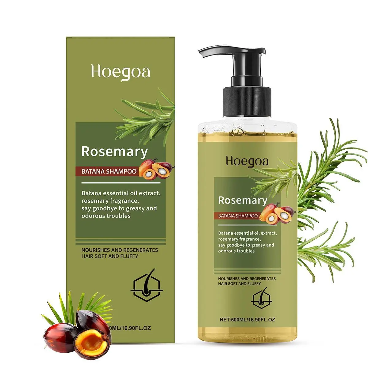 Hoegoa Unisex Organic Rosemary Strengthening Shampoo with Keratin, Natural Extract Healthy Shampoo for Voluminous Hair Repair, 500ml Liquid Haircare Cleanser