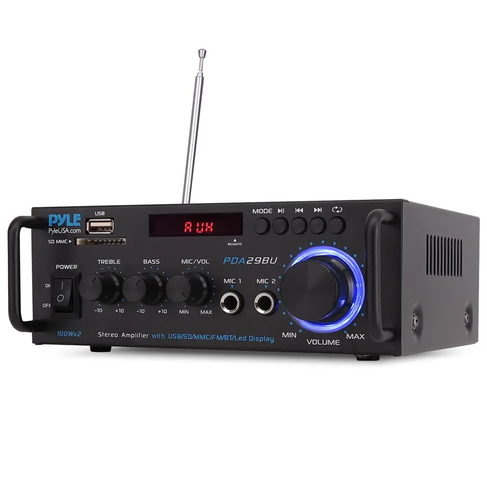 Bluetooth Stereo Power Amplifier 100W x 2 | Mini HiFi Audio Receiver with USB/SD/FM, RCA Input - MIC Input, Bass & Treble Control, Remote Control, LED Display