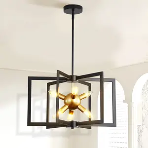 Farmhouse Black Golden Chandelier for Dining Room, 6 Light Modern Geometric Pendant Lighting Fixture, Black Frame and Gold Socket, Bedroom, Living Room, Foyer, Entryway, D21XW21, Adjustable Height