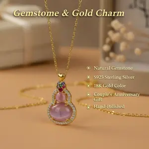 Natural Gemstone Gourd Necklace, S925 Sterling Silver Plated with 18K Gold, Ideal for Couples' Anniversary Gifts. Romantic and Auspicious Pendant, Symbolizing Good Fortune and Abundance, and Representing Perfect Love. Hand-polished.