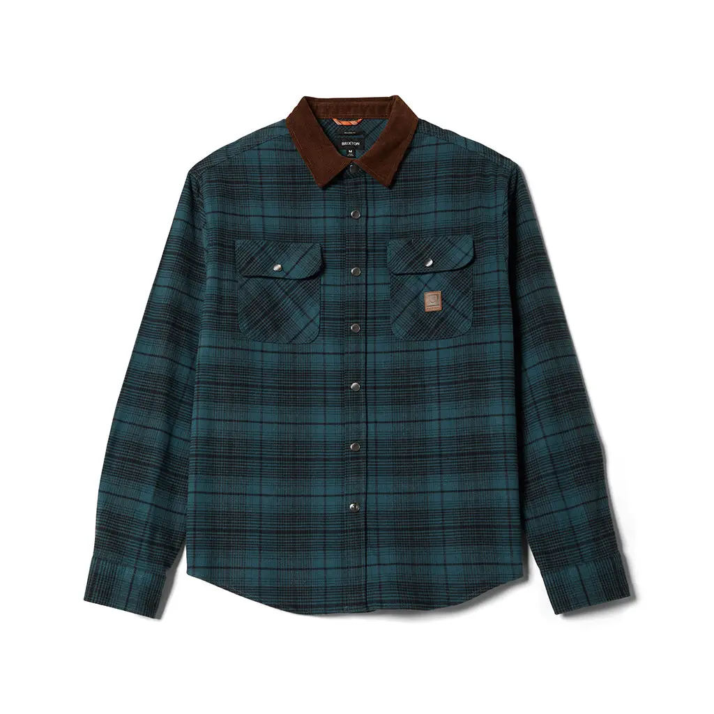 Brixton Men's Builders Bowery Performance Plaid Flannel Shirt, Relaxed Fit, Long Sleeve, Stretch Fabric with Pencil Holder, Long Sleeves, Reflective, Acrylic, Cotton Blend, Cold Wash, Collared Neck, Custom Yarn-Dye Pattern, Metal Snap Button Closures