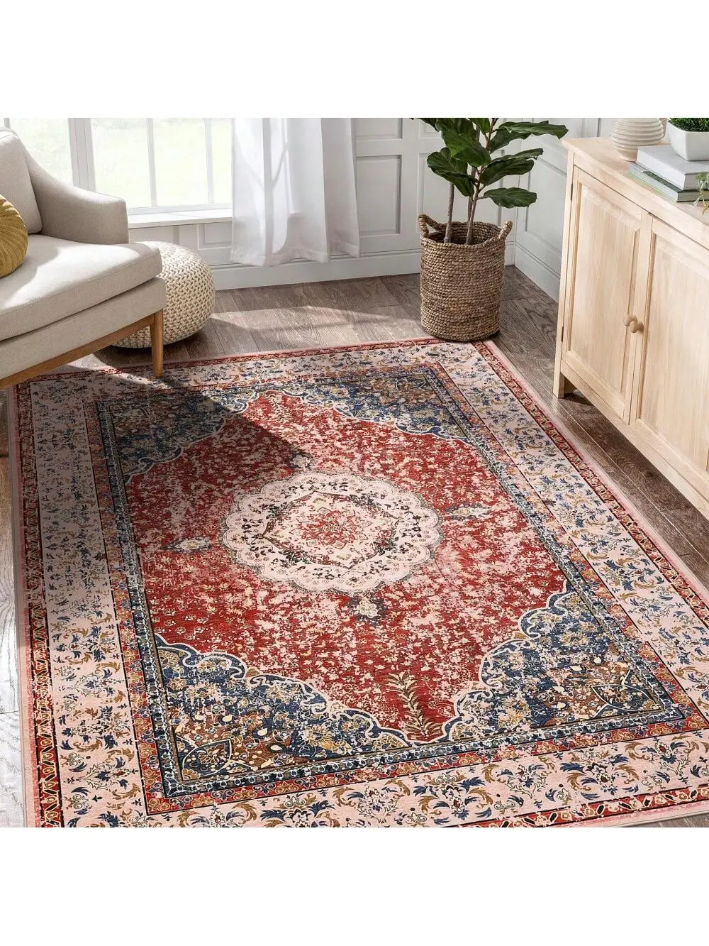 Gaomon 10ft x 13ft Red Short Pile Vintage Print Tight Weave Home Decorative Rug, Machine Washable Polyester Large Area Rug for Living Room, Bedroom, Home Decorative Rugs, Machine Washable Rugs