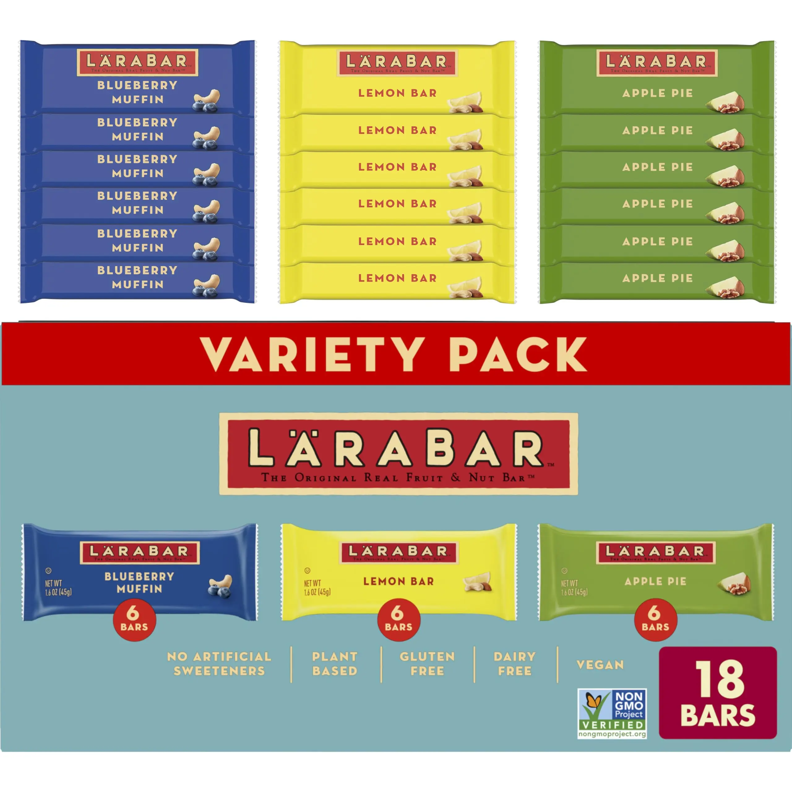 18 COUNT x 1.6 oz LARABAR Fruit & Nut Bars Variety Pack Blueberry Muffin Lemon Apple Pie, Vegan Gluten Free Dairy Free Plant Based, Granola Snack Bars