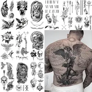 Modern Masuline Full Sleeve Semi Permanent Fake Tattoos for Men - Geometric Greek, Roman, Viking Gods & Goddess, Bird Wings, Axe, Knight - Large Realistic Temporary Tats for Guys