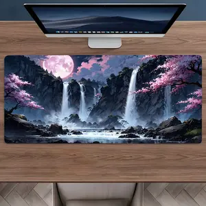 Enchanting Moonlit Waterfall & Cherry Blossom Pattern Large Gaming Mouse Pad,Aesthetic Desktop Protection Pad,Washable Rubber Pad Non-Slip Lock Edge Multi-Size Mouse Pad Suitable For Home Office,Good Gift for Family and Friends, Desktop Accessory