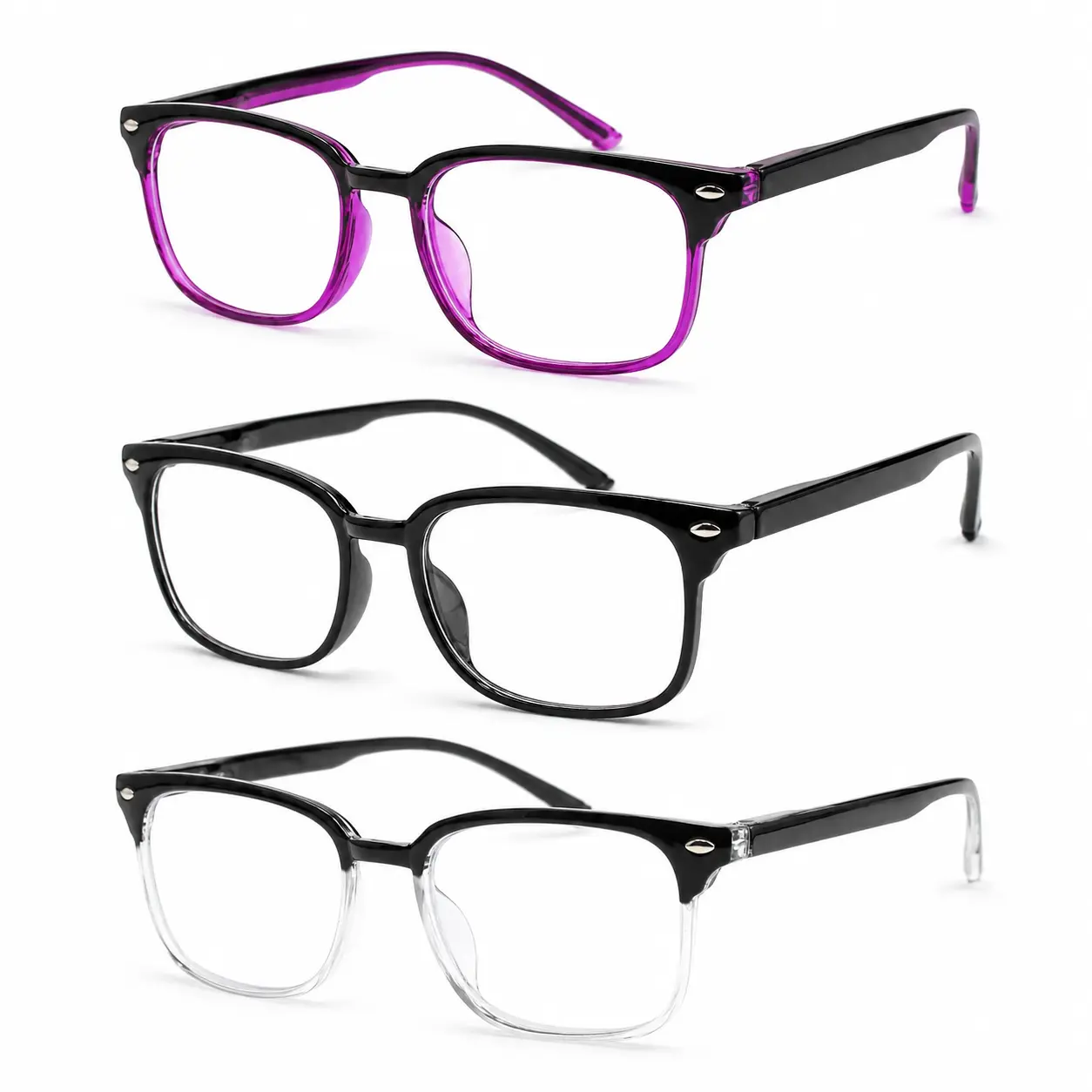 Unisex Classic Full Rim Square Frame Reading Glasses (1 Pair) - Lightweight for Everyday Use, Purple-Black & Multiple Color, Multiple Strength Options