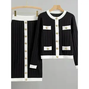 Women's Knit Cardigan & Skirt Set - Chic Black and White Color Block, Long Sleeve, Button-Up Outerwear with Pleated Detail, Womenswear Gamis