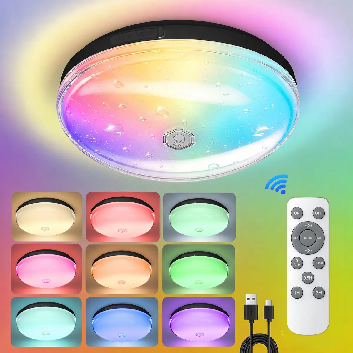 IP66 Waterproof 7’’ 350LM 17 Colors LED Shower Light/Ceiling Light | Rechargeable, Touch & Remote, LED, Wireless Magnetic Easy-Install, Battery, Dimmable, for Shower, Bathtub, Bathroom, SPA