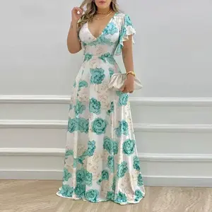 Summer Spring 2025 Women's V-Neck Floor-Length Printed Skirt Dress Rose Red Chic Fashion Casual Commuting Vest Piece Fit Womenswear Check Elegant Shortsleeve Vneck