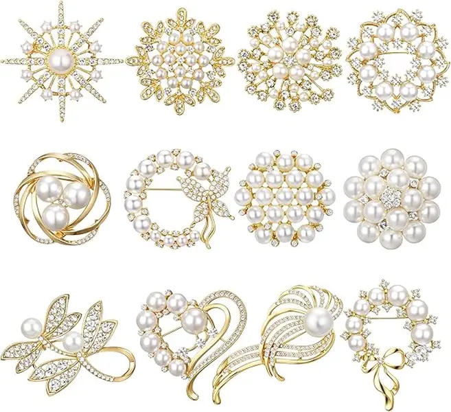 12Pcs Vintage Crystal Pearl Rhinestone Floral Brooch Pins Set, Sparkling Elegant Corsage Jewelry for Women, Decorative Pins for Dresses Suits, Wedding Party Holiday Outfit Accessories & Ideal Gift for Ladies