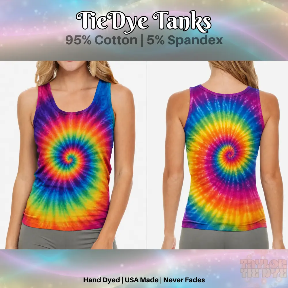 Womens Athletic Tight Fit Tank Tops Taylor TieDye Original Hand-Dyed UNISEX 95%/5% Cotton/Spandex Soft Activewear Graphic Tank No Fade No Bleed Ice Dyed In-House All Season