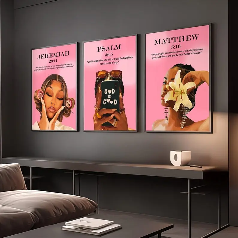 ( Select style ) Pink Coquette Bible Verse Prints, Christian Wall Art, Black Woman Art