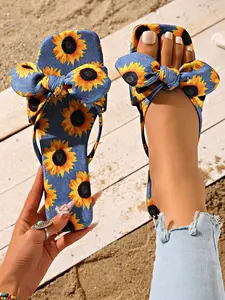 Women's Fashion Sunflower Print Bow Flat Sandals, Soft Breathable Denim Fabric Slip-On Slippers, Bohemian Floral Casual Outdoor Summer Shoes.Trendy Versatile Beach Party Casual Shoes for Vacation, Shopping, Gift