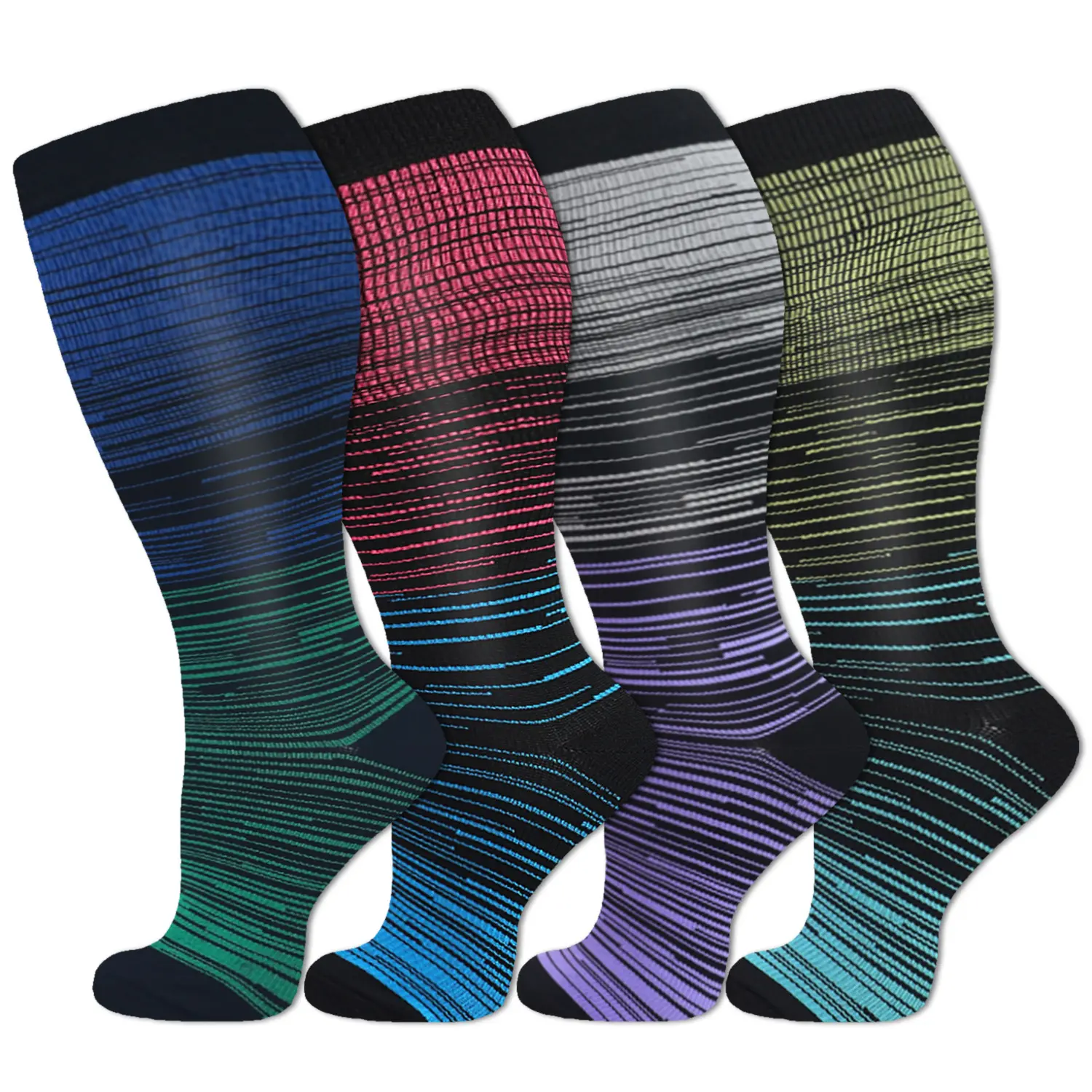 Isunie 4 Pairs Striped Plus Size Compression Socks for Men & Women, Muscle Support, Fatigue Relief, Leg Suppor Mid-Year Limited-Time Dealt, Running, Training, Hiking, Sports