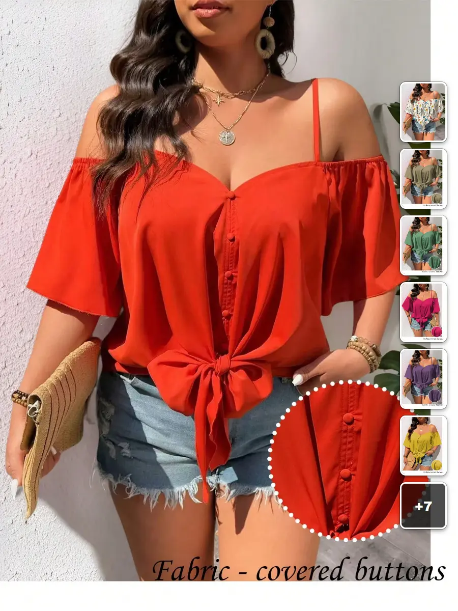 Plus Size Open Shoulder Blouse V Neck Tie Up Olive Green Summer Vacation Smart Casual