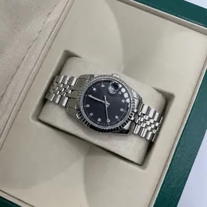 36mm Mens Luxury Watch with Silver Tone Stainless Steel Band and Black Dial