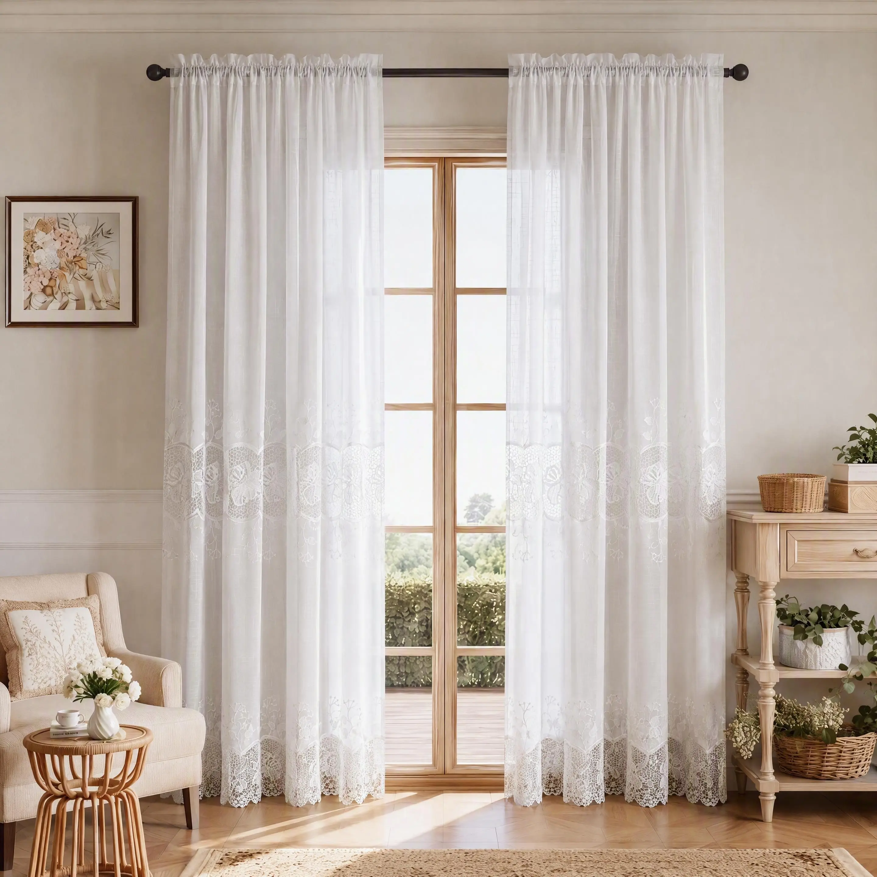 Lace Curtains 2 Panels Set 52x84 Inch, Water Soluble Lace Embroidery Sheer Voile with Double Side Wide Floral Trim, Elegant Vintage Rod Pocket Light Filtering Privacy Drapes, Boho Cottage Farmhouse Decor for Bedroom Living Room FT555