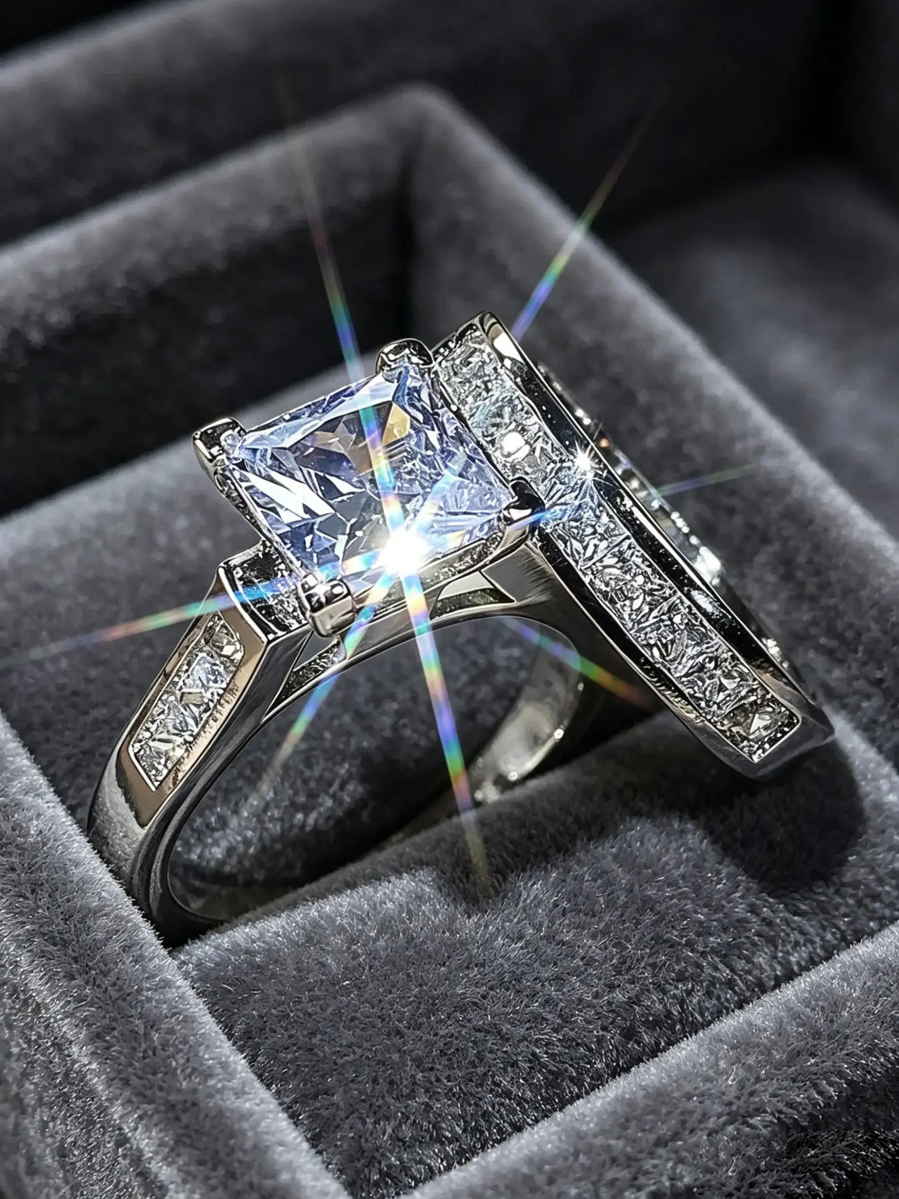 2Pcs Princess Cut Cubic Zirconia Ring Set, Elegant Engagement Ring & Wedding Band Combo, Silver Tone Plated Bridal Jewelry, Promise Ring with Side Stones, Gift for Girlfriend, Matching Promise Rings