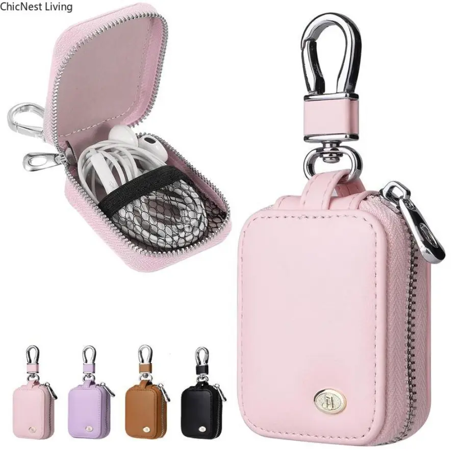 PU Leather Portable Headphone Accessories Case with Metal Keyclip - Durable Shockproof Secure Hold Organizer for AirPods, Travel-Friendly Clip-On Charm for Keys, Protection, Small Earbuds, Charging, Travel Safe, Commute, Fabric, Lightweight, Small Buds, W