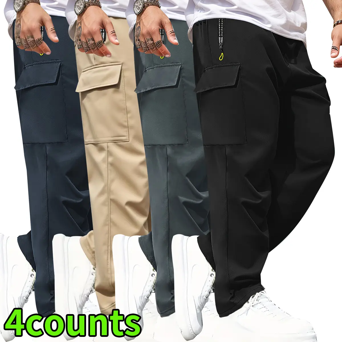 Men's Athleisure Joggers, Sporty Chic Straight Pants with Green Letter Print, Fitted Cut for Jogging with Drawstring, Zip & Patch Pockets, M