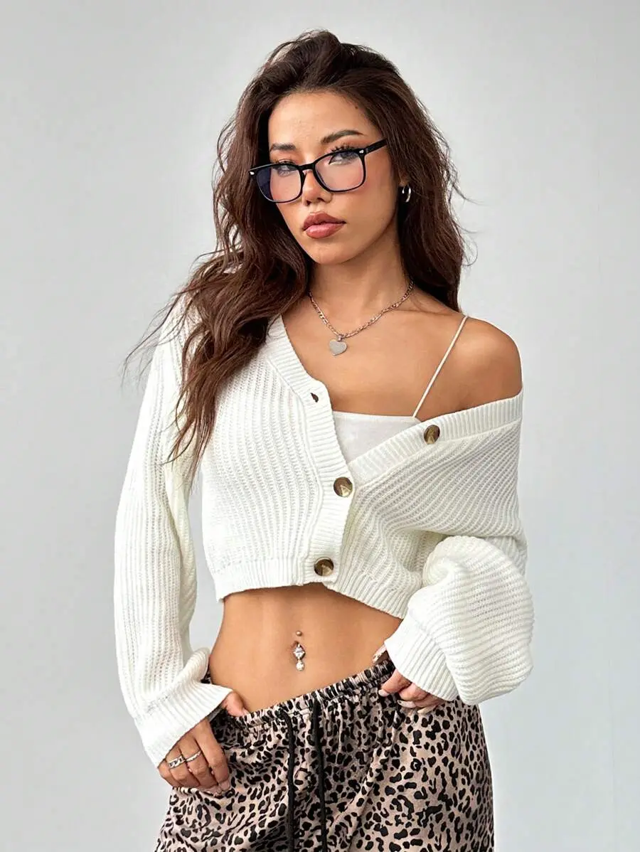 All White Lantern Sleeve Button Front Rib Knit Cardigan,Off The Shoulder Sweater In Autumn/,Petite Women Date Day Time Daily Wear Casual Sexy - Fall Outfit, Back to School Outfit