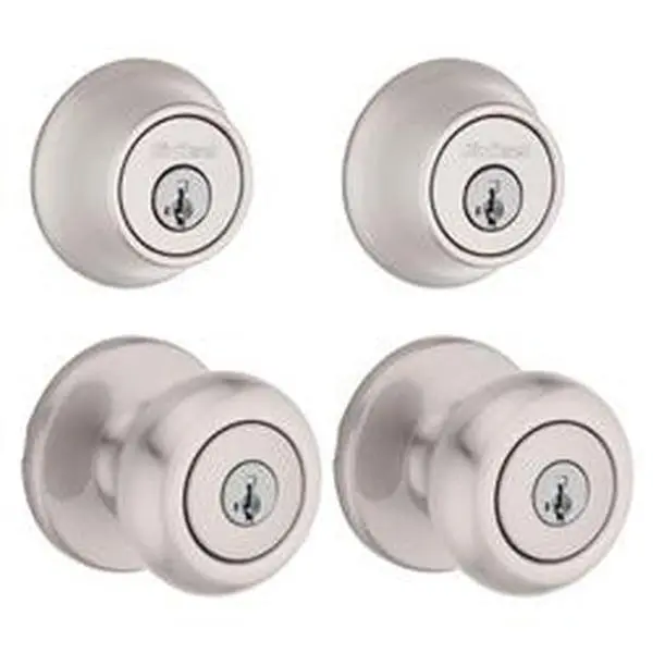 Kwikset 5041095 Satin Nickel Classic Metal Entry Doorknob with Single Cylinder KW1 Deadbolt - Smart Key Security, 2-3/4" Backset, Adjustable, Residential Outdoor Lock Cylinders