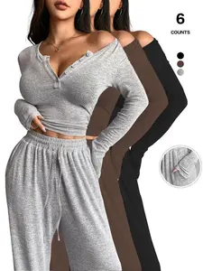 Women's 2 Piece Matching Lounge Set Long Sleeve Henley V Neck Crop Top and Drawstring Wide Leg Pants with Pockets