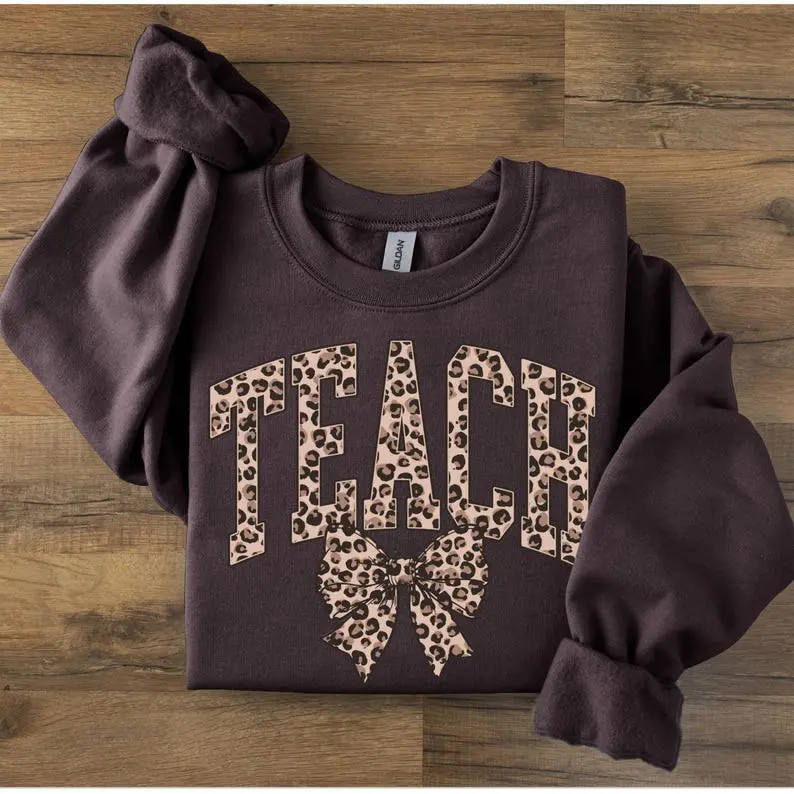 Leopard Teacher Sweatshirt, Retro Varsity Teach Crewneck, Cute Teaching Graphic Shirt, Teacher Appreciation Gift, Trendy Educator Apparel