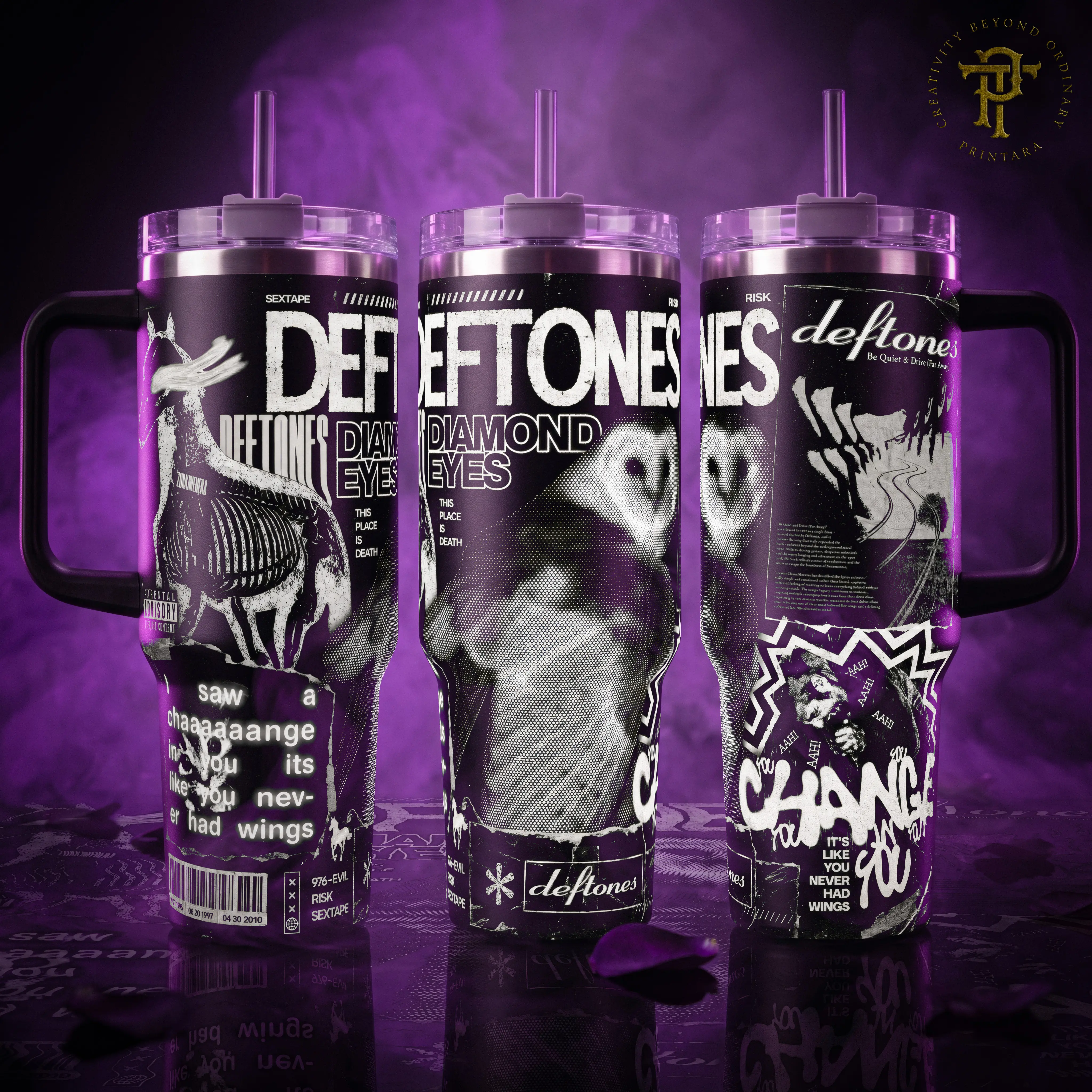 Deftones 40oz Insulated Stainless Steel Tumbler - Portable Reusable Water Bottle with Handle, Straw, Lid, Vacuum Sealed, Leak Proof, Keeps Drinks Hot/Cold - Rock Metal Band Merch Gift for Music Lovers