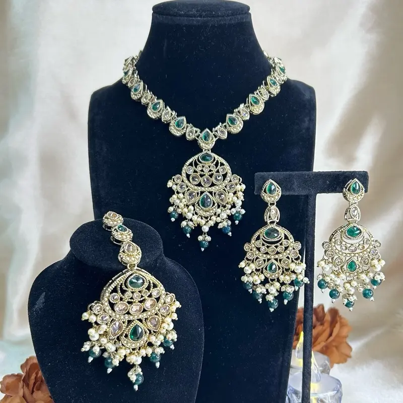 Desi Elegant Gold Tone With Uncut Gemstones Necklace, Earrings And Tikka Set.