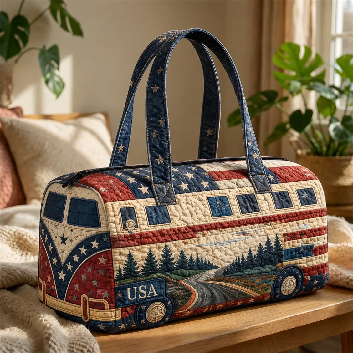 Patriotic USA Quilted Duffle Bag, American Flag Travel Bag for Weekend Trips, Carry On Overnight Tote, Vintage Camper Van Gym Bag for Women & Men
