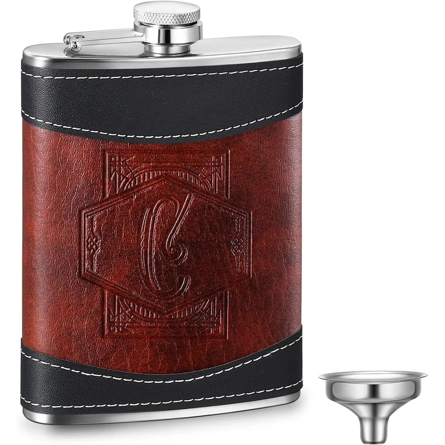 Men's 8 oz Leather Hip Flask Set - Personalized Engraved Initials (Letter C), Classic Portable Leather Sleeve, Leakproof Stainless Steel Drinkware, Father's Day Gift for Brother, Outdoor & Wedding Use, Outdoors
