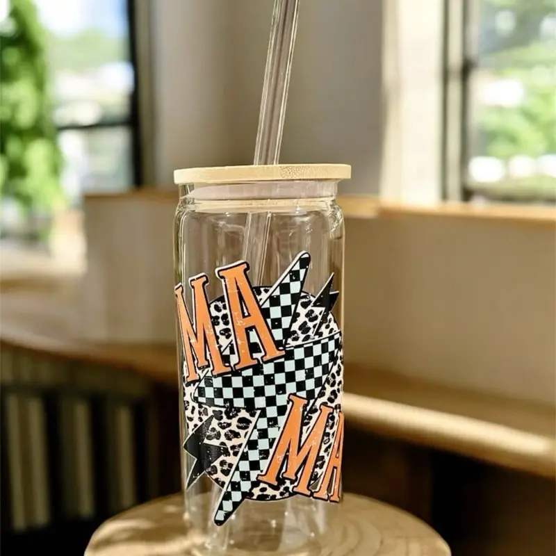 MAMA checkered lightening bolt- retro-  Personalized Iced Coffee Cup, 20oz Glass Cup, Custom Beer Can Glass with Lid and Straw, Bridesmaid Gift, Bridesmaid Proposal Bamboo Drinkware Reusable Washable
