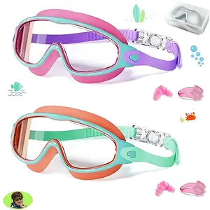 2 Pack Anti-Fog Kids Swim Goggles for 3-15, UV Protection Waterproof Swimming Glasses, Comfortable Silicone Wide Vision with Earplugs Nose Clip for Boys Girls Youth