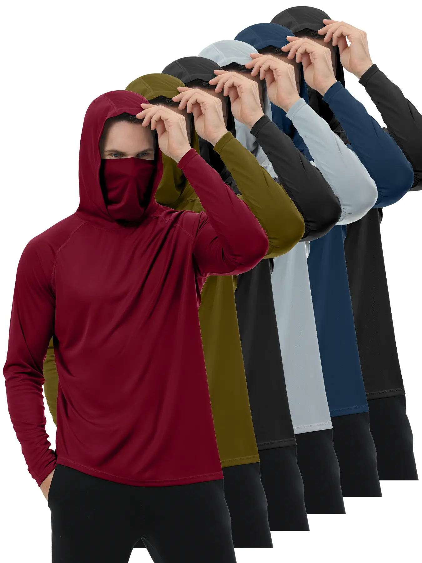 HOVSIYLA 6 Pack Mens Sun Protection Fishing Hoodie with Face Mask Long Sleeve Compression Work Shirt Construction Quick Dry