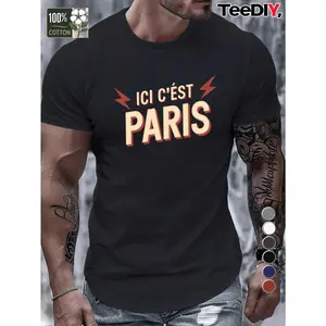 Men's Retro Paris French Text and Eiffel Tower Pattern T-Shirt - Pure Cotton Comfortable Casual Round Neck Short Sleeve, Black with Orange and White Nostalgic Print, All-Season Daily Wear, Machine Washable, French Slogan "Paris is Always a Good Idea" - Id