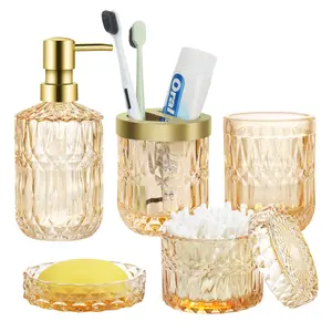 Vintage 5-Piece Detachable Waterproof Bathroom Accessory Set - Gold Glass Soap Dispenser, Soap Dish, Toothbrush Holder, Tumbler, Cotton Swab Jar - Ideal for Gifting, Bathroom Decor