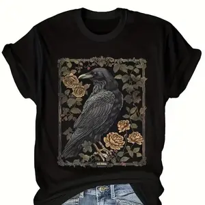 Vintage Floral And Crow Pattern Printed Short-Sleeve Round-Neck T-Shirt for Women'S Spring And Summer Wear