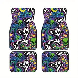 4pcs Cyber Alien Car Floor Mats, Crystal Velvet Fabric, Non-Slip, Absorbent, Washable, All-Season Protection, Fashion Blue and Design, Automotive Floor Mats
