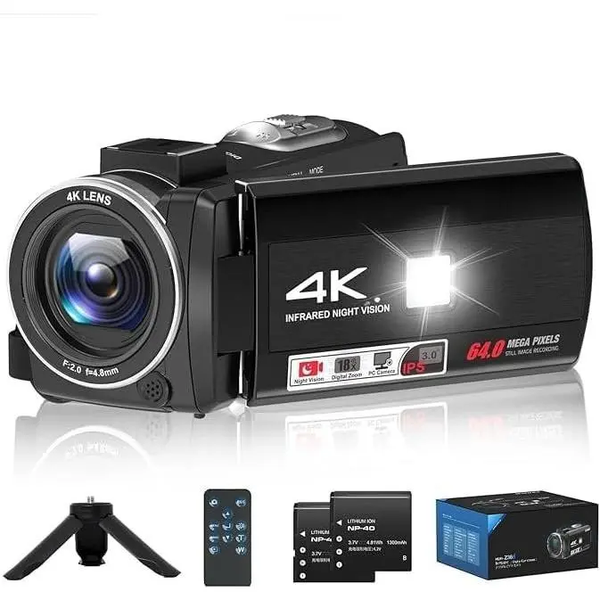 4K Camcorder 64MP Vlogging Camera for YouTube, Video Camera with 18X Digital Zoom, IR Night Vision, 3.0"  Screen, Mini Tripod