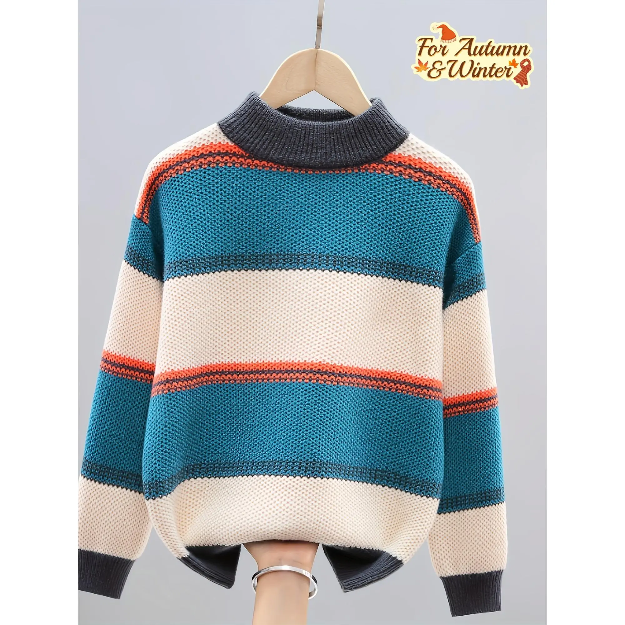 Boys' Striped Knit Sweater - Blue & Orange Horizontal Stripes, Loose Fit Round Neck, Machine Washable, Autumn Winter Casual Wear, Cute Sweaters, Quality Knitwear