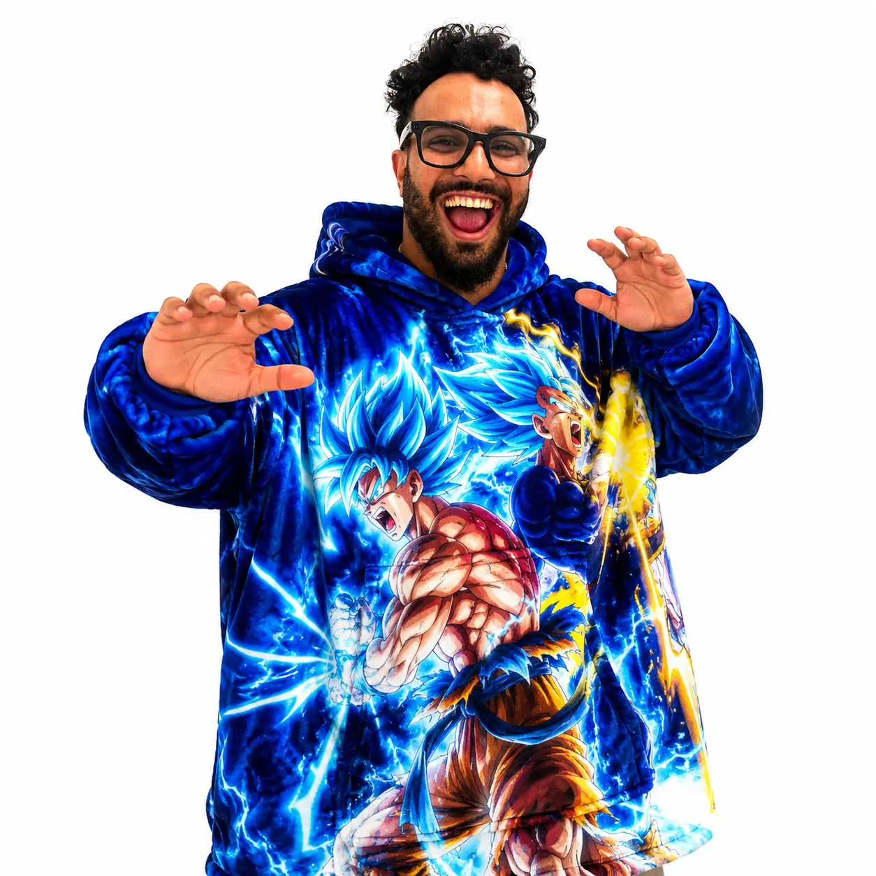 Anime Print Blue Saiyan-Inspired Oversized Wearable Fleece Hoodie Blanket, Ultra-Soft Bedding Throw