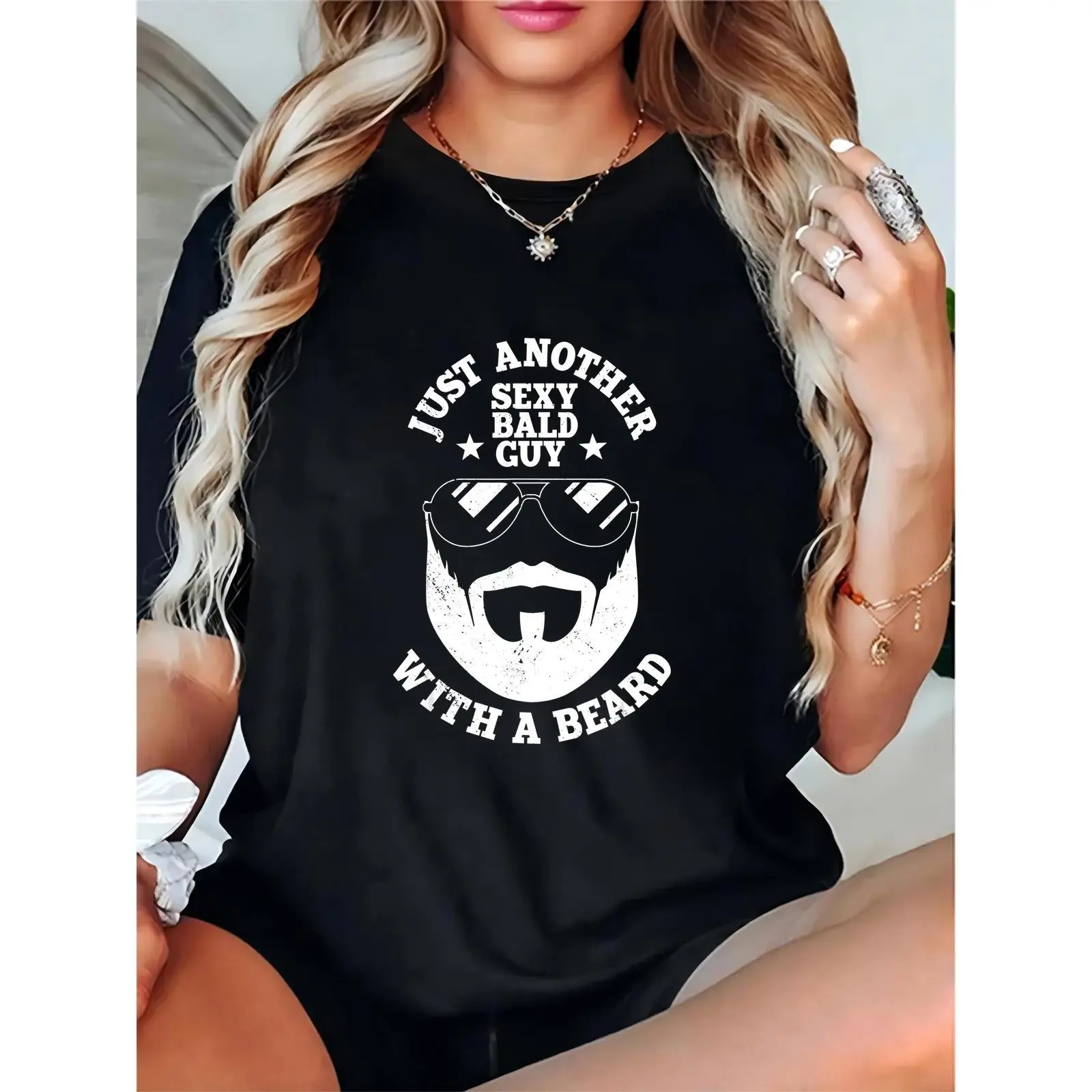 Unisex Black T-Shirt with Funny Bald Guy Beard Sunglasses Graphic, Casual Everyday Wear for Bald Men & Beard Lovers, Humorous 'Just Another Sexy Bald Guy With A Beard' Tee