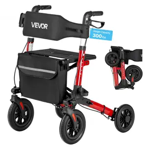 VEVOR Rollator Walker with Seat for Seniors, Ultra Compact 3-Fold Rolling Walker, Lightweight Aluminum Mobility Walking Aid with PU Solid Wheels, Adjustable Handle, Cup Cane Holder - Supports 300LBS