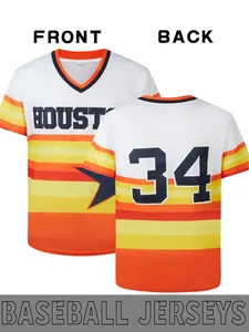 Men's Astronaut # 27 # 34 Retro Baseball Shirt, Houston Embroidered Stylish Jersey Rainbow Stripe, Elastic Fabric, Casual Sports T-shirt, V-neck Short Sleeve Sportswear Suitable for Training and Competition, Daily Leisure, Sports Clothing, Unisex