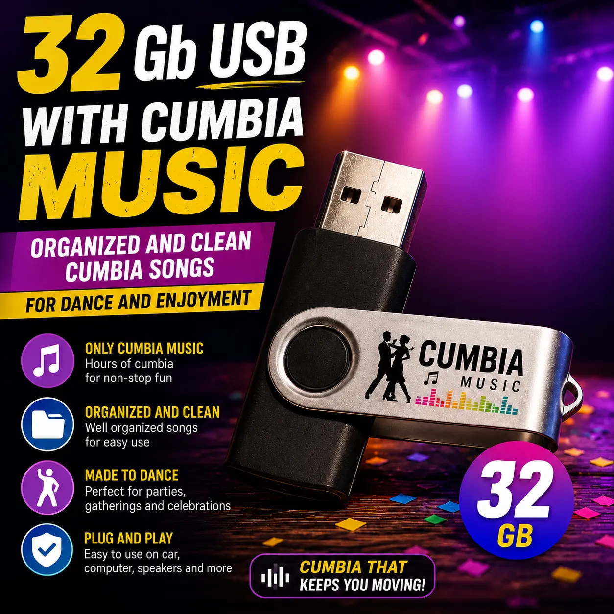 8 GB USB Drive with Cumbia Music - Organized Clean Songs for Cumbia Music Lovers Usb Memory Stick Usb External Memory
