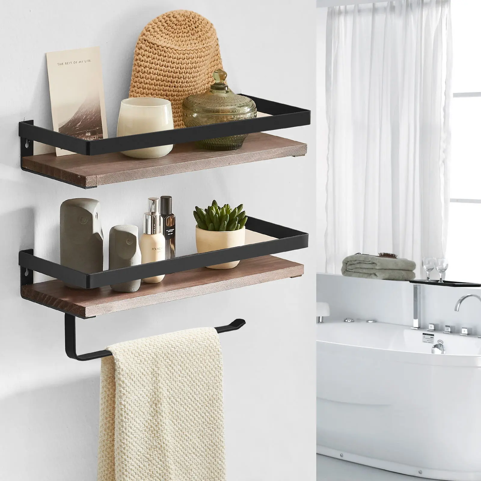 BESY 2-Piece Bathroom Fixtures Wall Mount Restroom Floating Shelves - Rustic Look Wood Finish, Matte Black Metal Frame, Multi-Use Storage, Towel Rods, Paper Towel Holder, Shampoo Organizer
